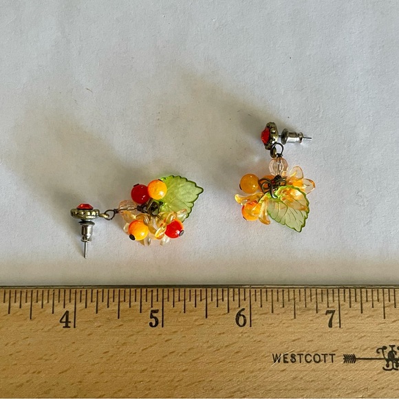 Vintage Lucite and Brass Fruit and Flora Necklace and Earrings Set Cha Cha Style - Picture 8 of 9